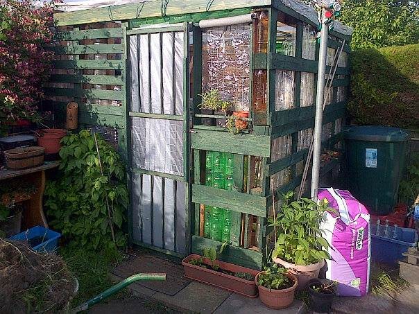 Greenhouse built from pallets and plastic bottles
