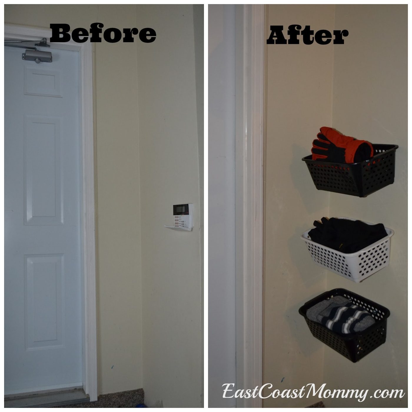 Plastic baskets screwed to the wall holding hats and mittens, before and after