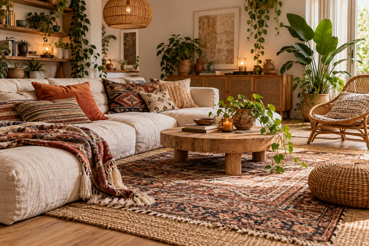 Bohemian living room with layered rugs, cushions and natural decor