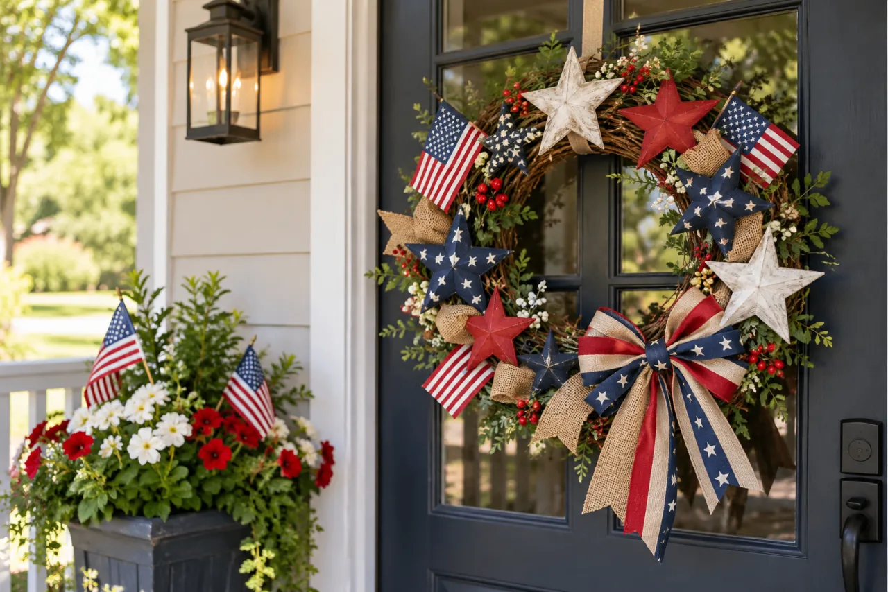 26 Patriotic Patio Decor Ideas Perfect for Memorial Day Through the Fourth of July 21 Create a DIY Flag or Star-Shaped Wreath for Your Patio Entrance