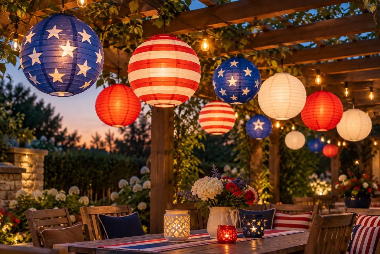 26 Patriotic Patio Decor Ideas Perfect for Memorial Day Through the Fourth of July 22 Decorate With Patriotic-Themed Paper Lanterns