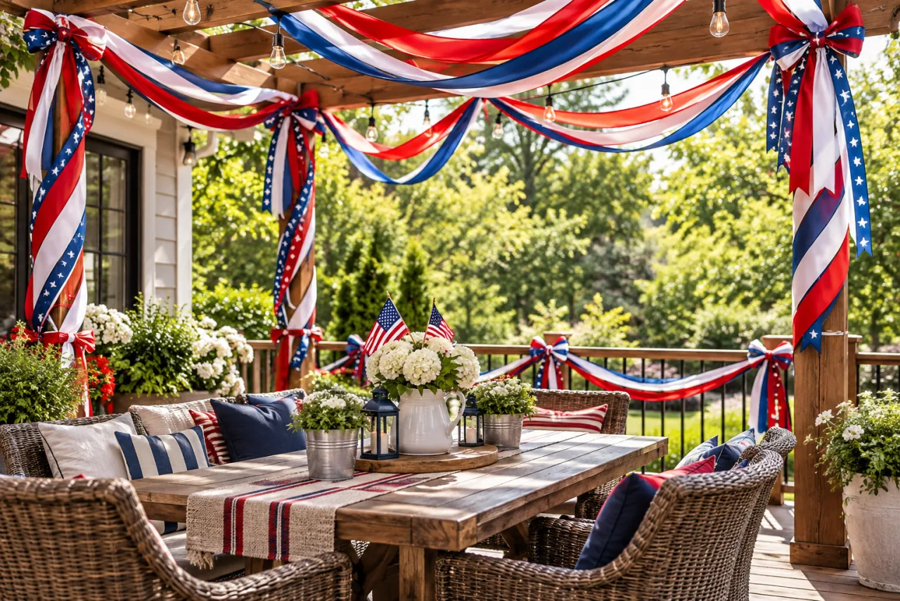 26 Patriotic Patio Decor Ideas Perfect for Memorial Day Through the Fourth of July 23 Use Red, White, and Blue Ribbon or Streamers to Frame Your Space