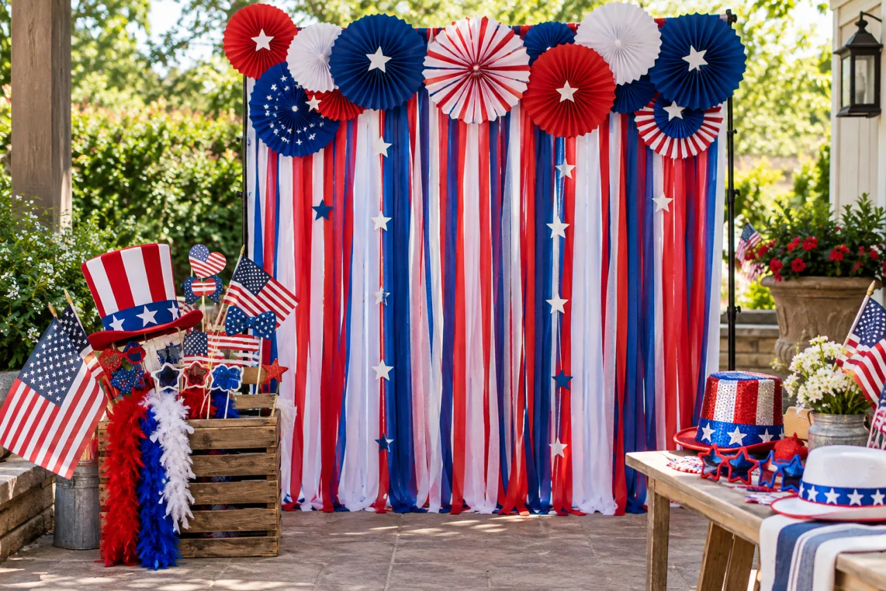26 Patriotic Patio Decor Ideas Perfect for Memorial Day Through the Fourth of July 24 Set up a Themed Photo Booth With Props and Backdrops