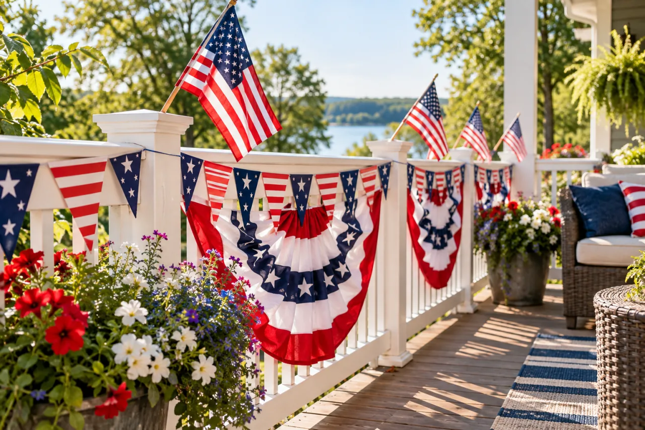 26 Patriotic Patio Decor Ideas Perfect for Memorial Day Through the Fourth of July 26 Add Festive Flag or Banner Flags Along Railings and Fences