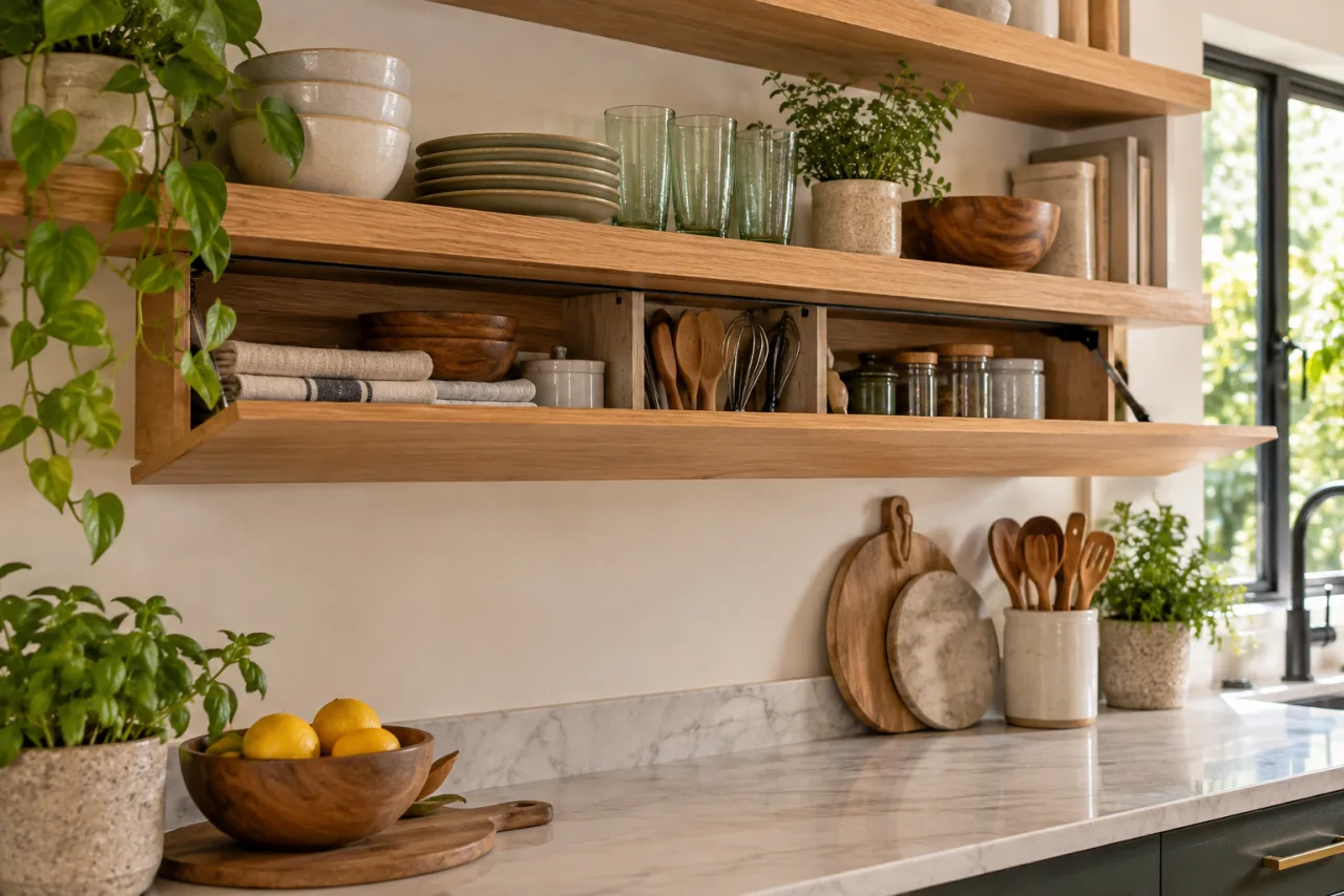 28 Stylish & Functional Kitchen Countertop Ideas to Try Now 25 Open Shelving With Hidden Storage