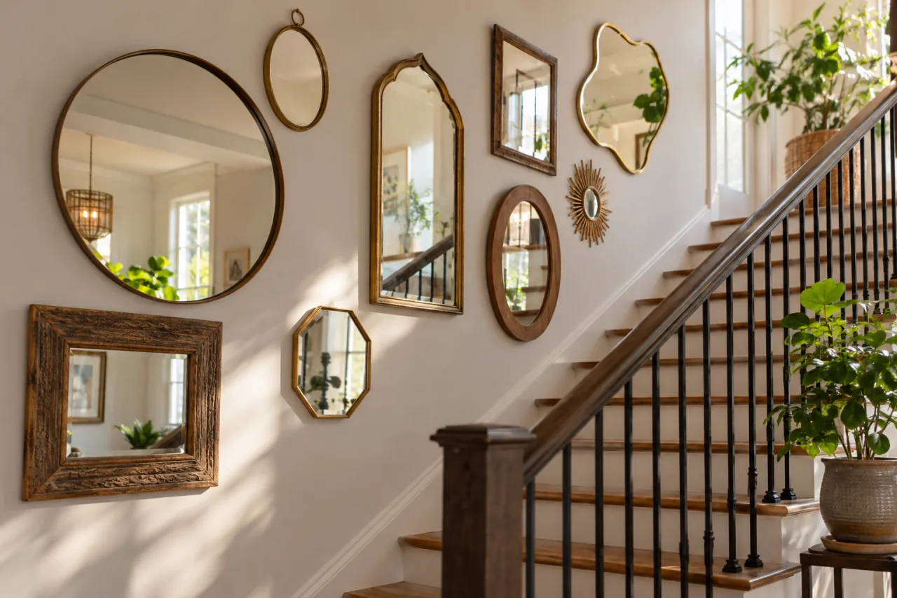 How to Style a Staircase Wall: 26 Inspiring Decor Ideas 9 Hang a Series of Mirrors in Different Shapes and Sizes