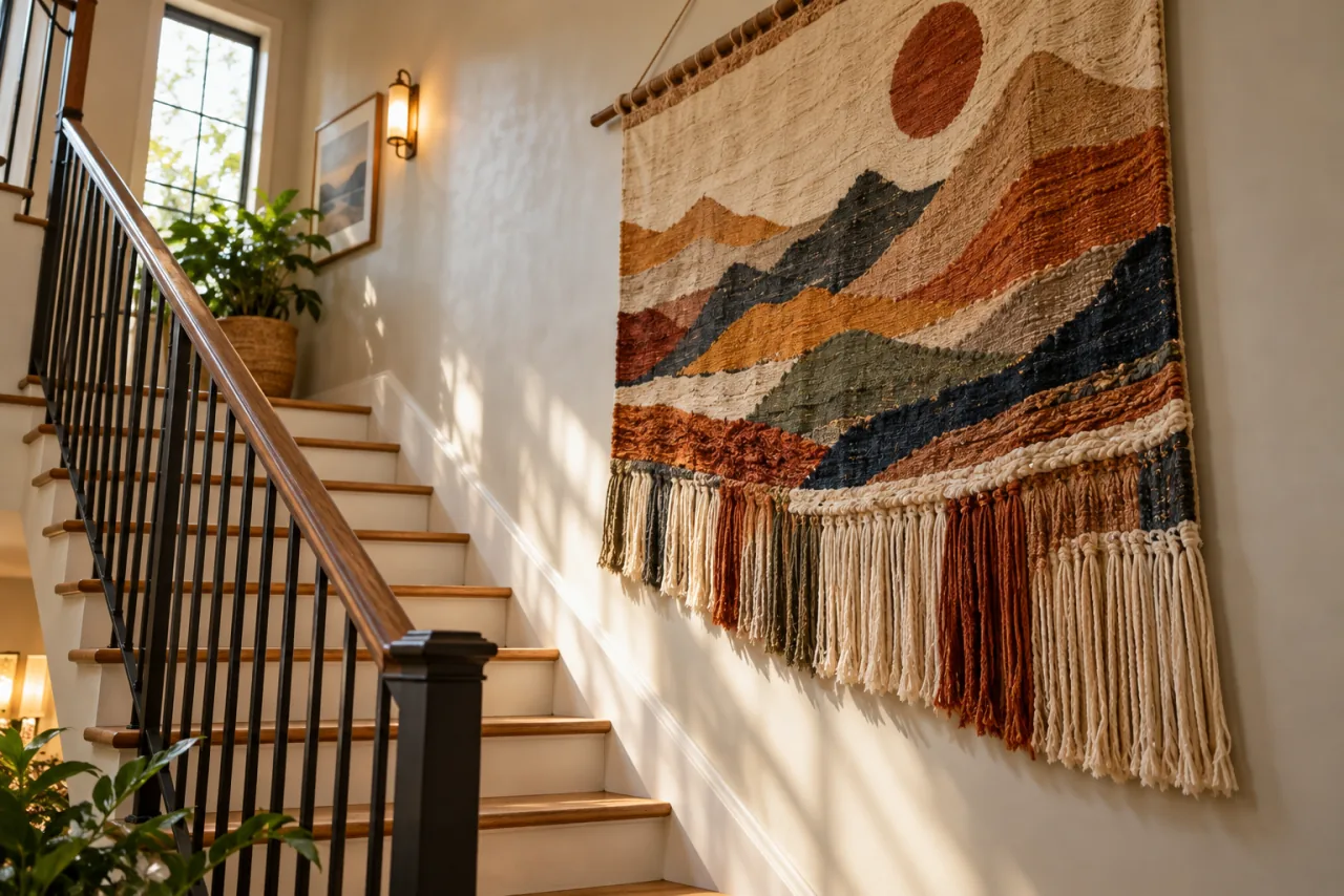 How to Style a Staircase Wall: 26 Inspiring Decor Ideas 22 Use Statement Wall Hangings or Tapestries