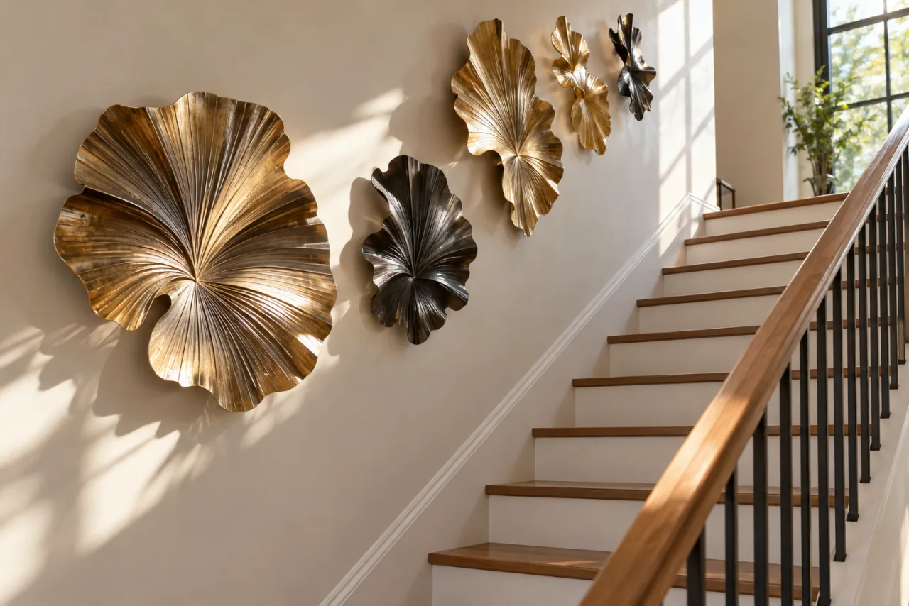 How to Style a Staircase Wall: 26 Inspiring Decor Ideas 23 Incorporate Sculptural Wall Art or Metal Pieces