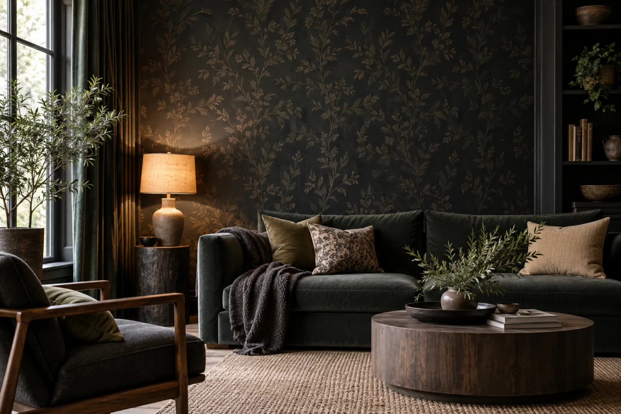 22 Dark and Moody Living Room Ideas You’ll Fall in Love With 8 Opt for Dark Wallpaper With Subtle Patterns