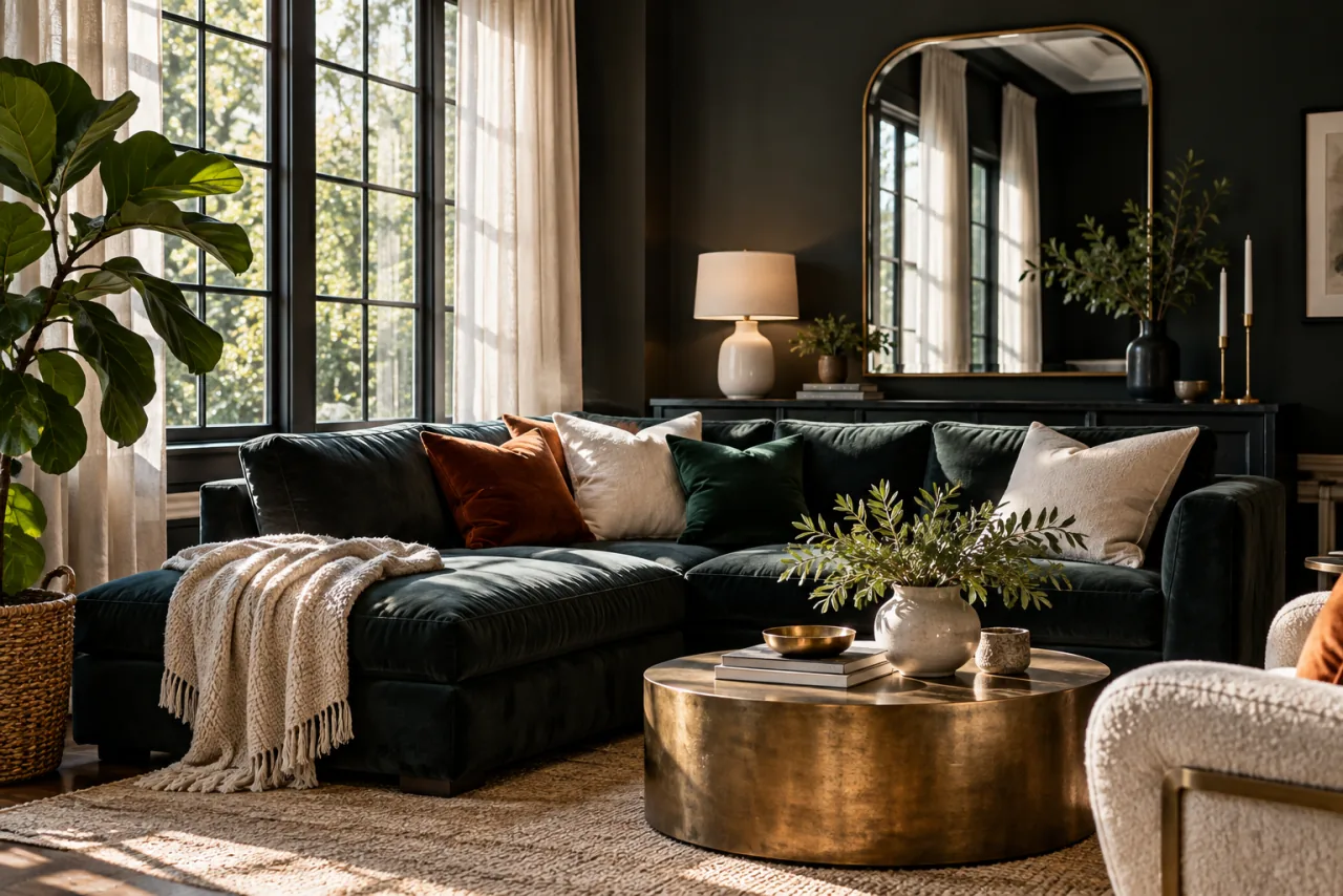 22 Dark and Moody Living Room Ideas You’ll Fall in Love With 22 Balance Darkness With Natural Light and Bright Accessories