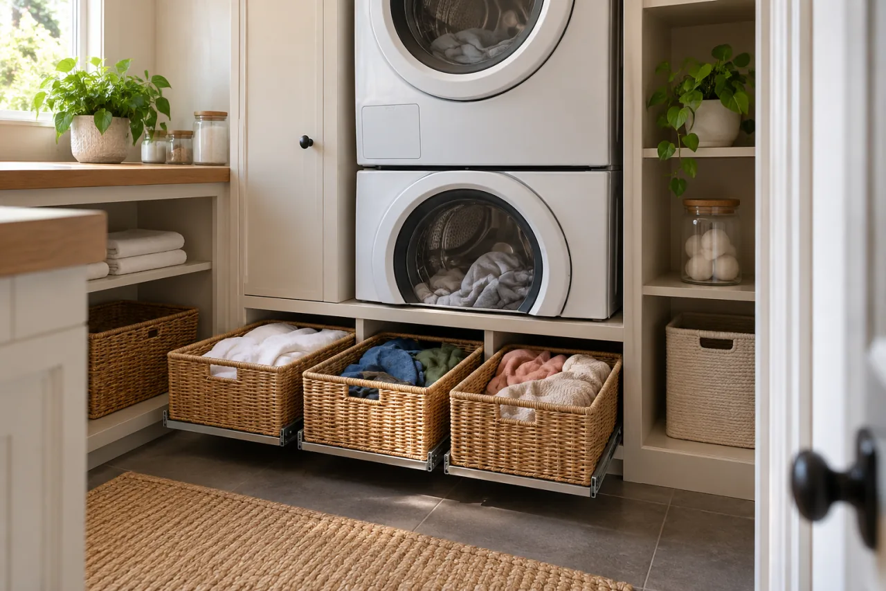 16 Smart Stacked Washer and Dryer Laundry Room Ideas That Maximize Space 6 Add Pull-Out Baskets for Efficient Laundry Sorting