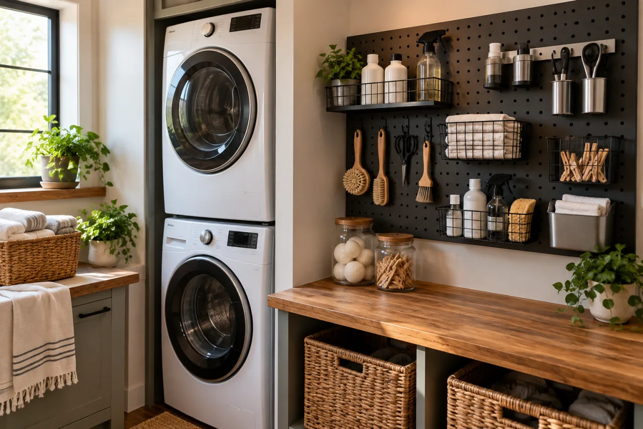 16 Smart Stacked Washer and Dryer Laundry Room Ideas That Maximize Space 12 Incorporate a Magnetic or Pegboard for Tools and Supplies