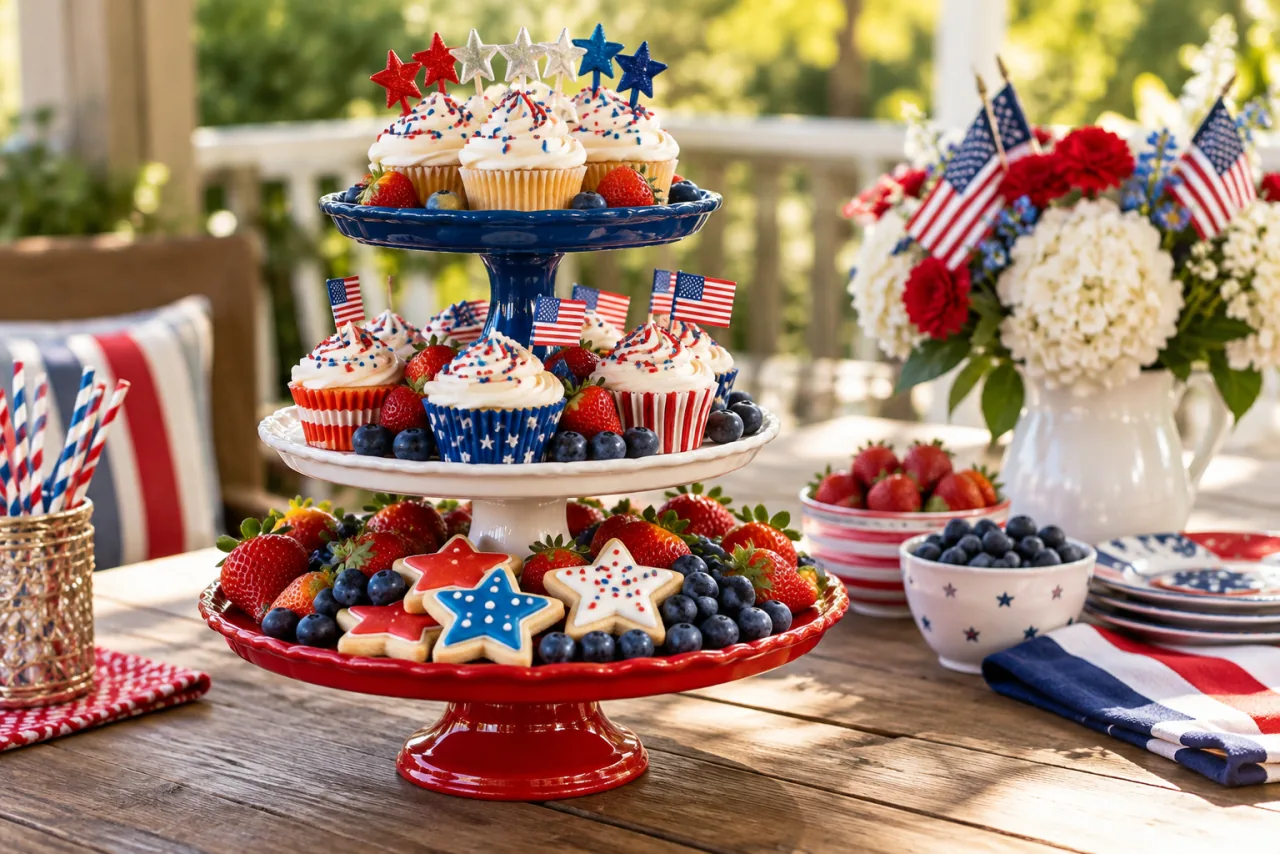 15 Creative 4th Of July Tiered Tray Decor Ideas 3 Red, White, and Blue Tiered Cake Stands