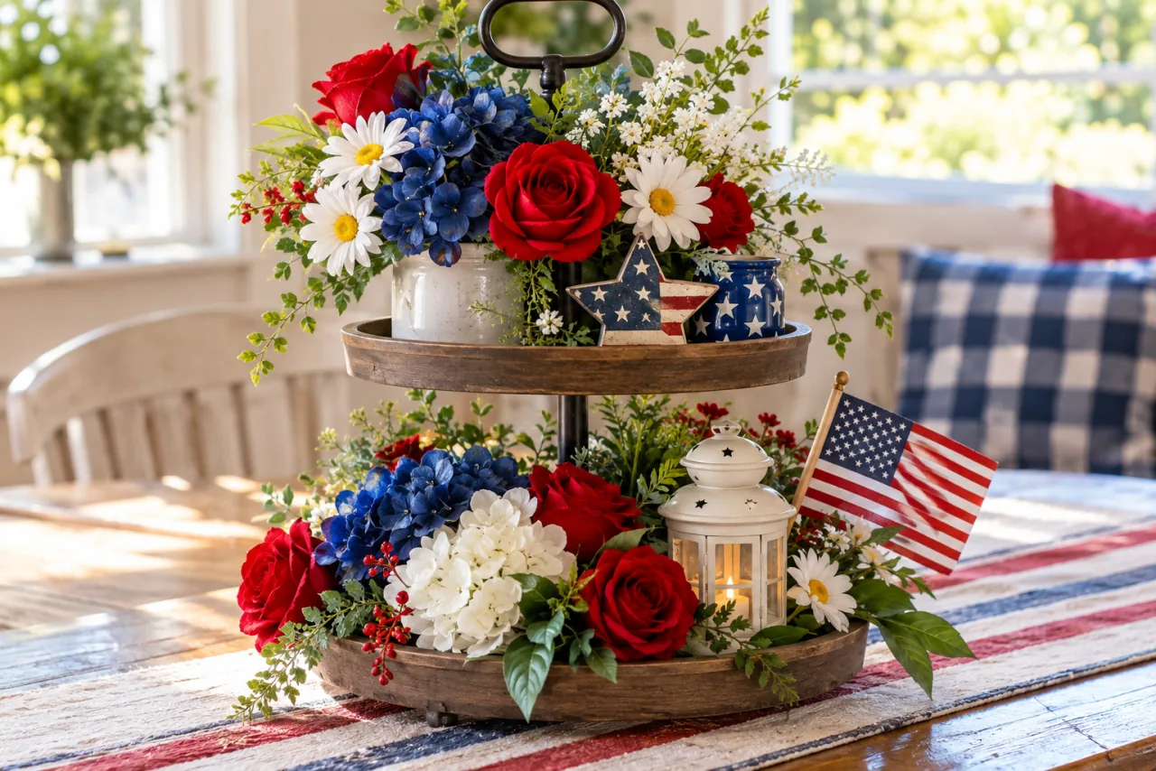 15 Creative 4th Of July Tiered Tray Decor Ideas 4 Star-Spangled Faux Floral Arrangements