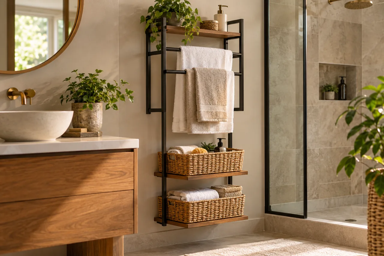 16 Stylish & Space-Saving Bathroom Towel Rack Ideas 10 Multi-Functional Towel Racks With Storage Baskets
