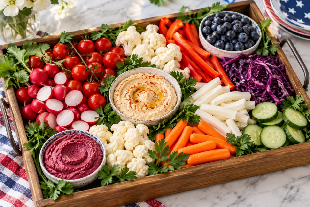 17 Patriotic 4th of July Kitchen Tray Ideas to Style With Ease 11 Red, White, and Blue Veggie Platter