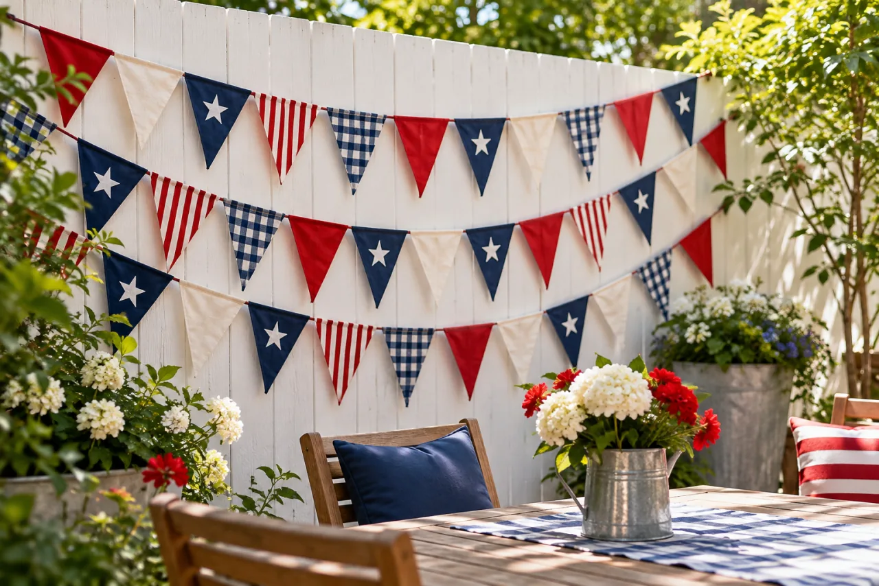 16 Easy Outdoor 4th of July Decor Ideas to Set the Scene 11 Create a Flag Banner Wall Using Fabric or Paper