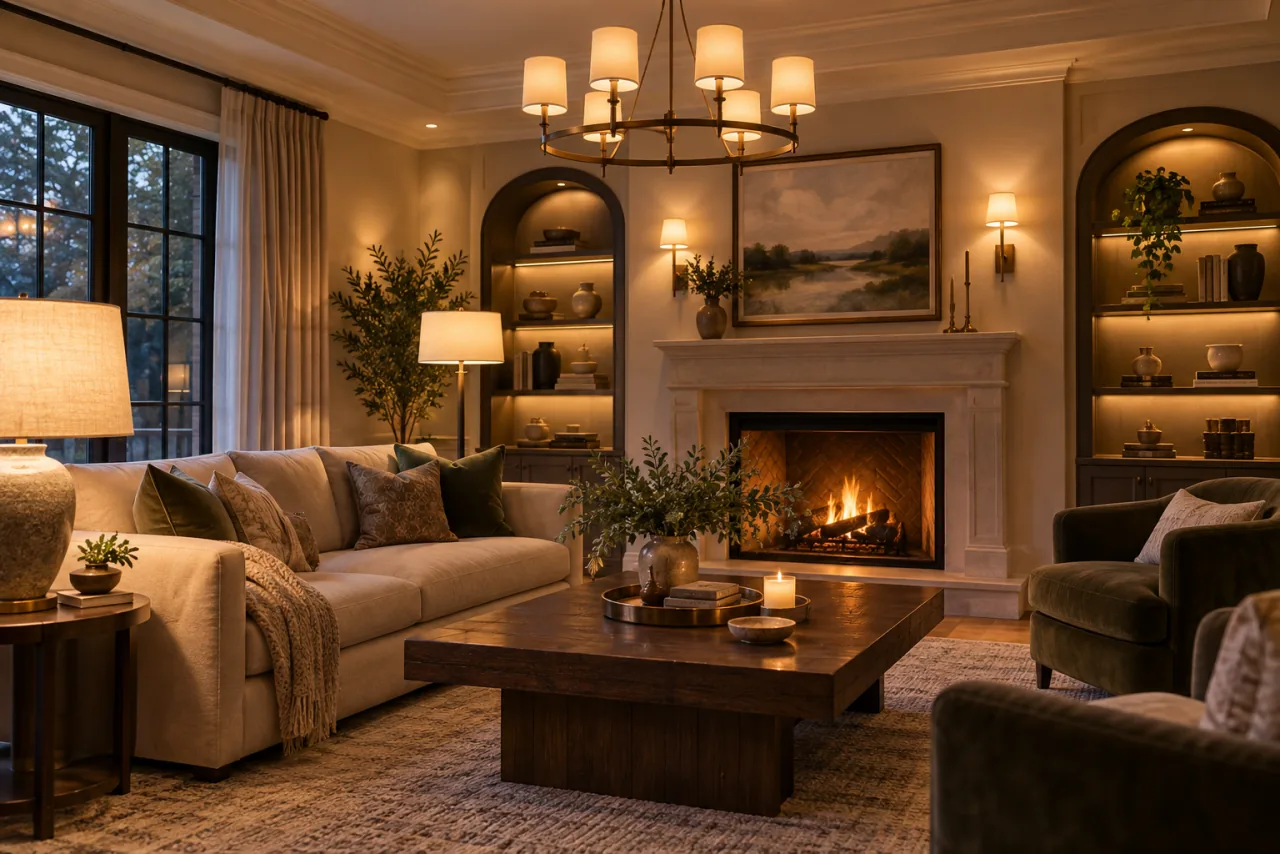 18 Luxurious Living Room Ideas With Sophisticated Style Details 11 Utilize Layered Lighting for Depth and Ambiance