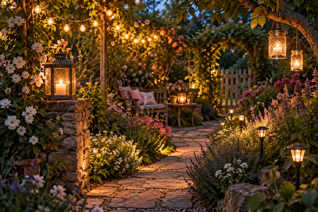 15 Enchanting Cottage Garden Ideas for a Dreamy Backyard Retreat 15 Soft Lighting to Create a Magic Evening Atmosphere