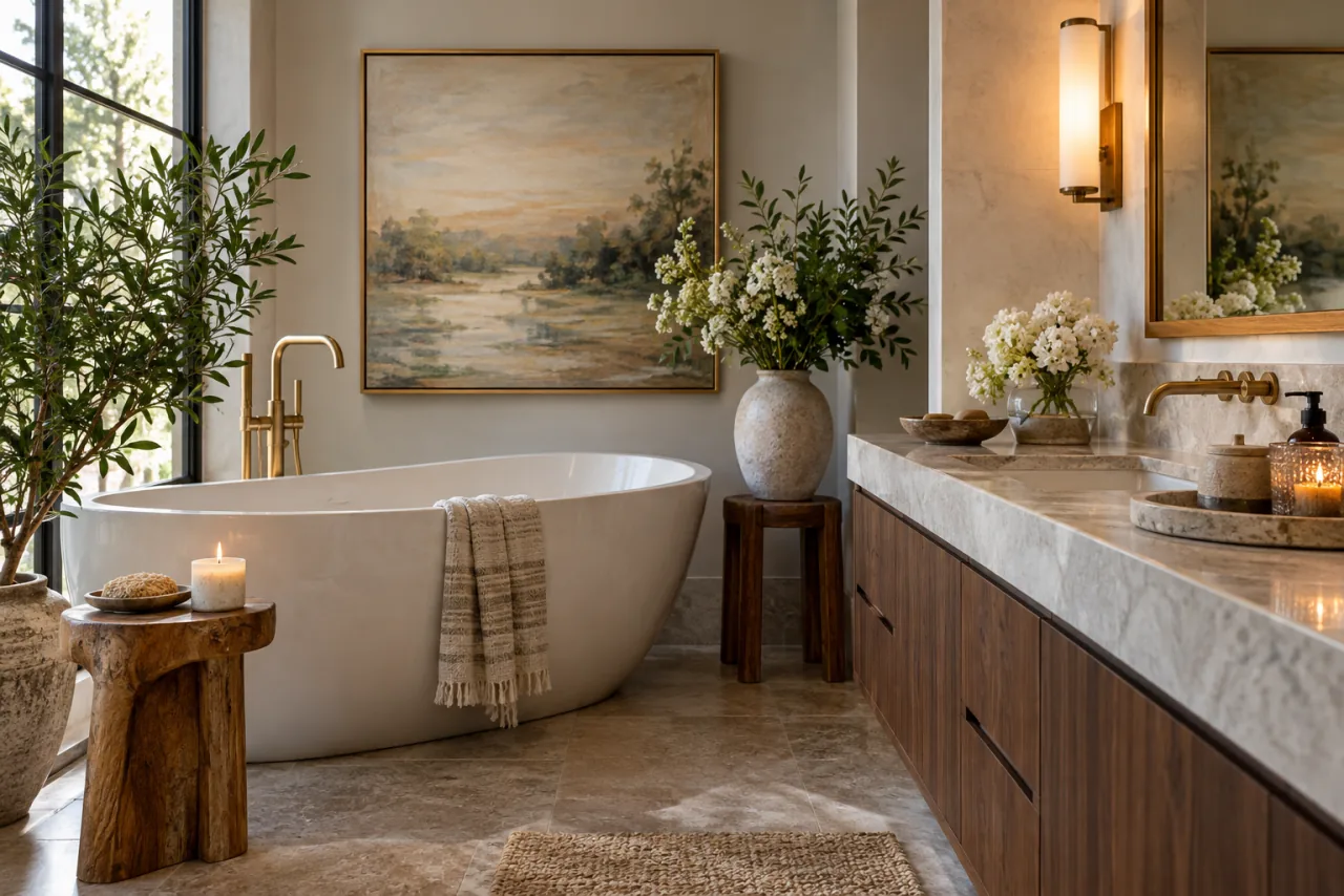 21 Elegant Luxury Bathroom Ideas for a Spa-Like Escape 21 Finish With Artistic Decor and Personal Touches