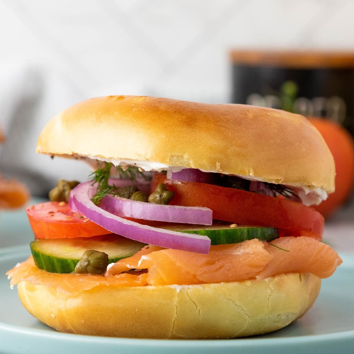 Smoked Salmon Bagel with Veggies 1 smoked salmon bagel featured image